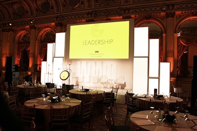 The streamlined design of the stage in the hotel's Grand Ballroom played up the color scheme while also adding subtle branding with WWD in white, three-dimensional letters.
