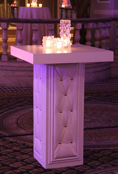 Zak Events wanted to showcase 'winter whites' at the 11th annual June Briggs Awards held at the Pierre New York in January. The look included custom-built white leather tufted highboy cocktail tables topped with icy-looking glass vessels filled with candlelight.