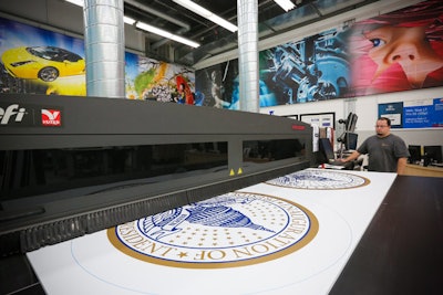 Hargrove will print more than 70,000 square feet of graphics and signage for the inauguration. Seals are printed on a flat-bed printer.