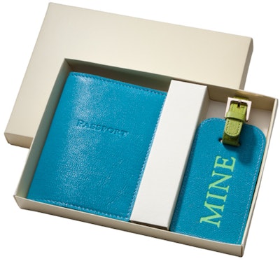 A branded leather luggage tag and passport case ($83 for the set; bulk pricing available) from Graphic Image comes in several colors and embossed finishes.