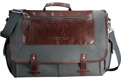 The flap of the classic canvas-and-brown faux leather bags ($28.40 each for 24; additional bulk prices available) from Pinnacle Promotions can be debossed with a logo.