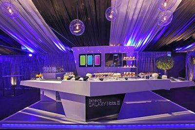 Samsung launched its Galaxy Note II in Los Angeles with an event at interior designer Kelly Wearstler's private home. Event Eleven constructed a futuristic-looking bar and food buffet that sat on an LED-lit platform.
