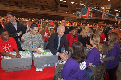 Vice President Joe Biden and his wife, Jill Biden, joined volunteers in assembling care kits for the troops Saturday at the D.C. Armory.