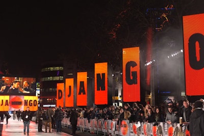 Each made up of 12 lightweight tiles, the dynamic outdoor displays from XL Events were used to showcased black-and-white portraits of the movie's characters as well as spell out the name of Quentin Tarantino's gory western.