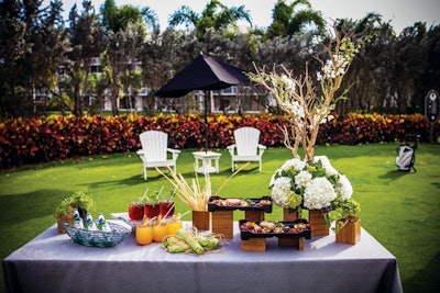 Bento boxes including chilled Italian antipasti, served with sangria with blood orange ice cubes, iced tea with lemon zest and mint, and Peroni beer, by Parkland Chef in Boca Raton, Florida