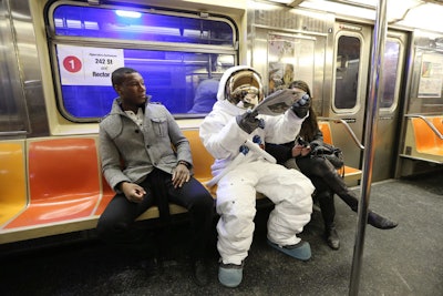 As part of its public promotional campaign, which included the use of the #InSpace hashtag, Axe sent staffers dressed as astronauts to public areas in New York—including the subway and Madison Square Park. The spacemen also showed up at parties surrounding the Super Bowl February 3 in New Orleans.