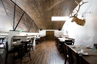 The private dining room at chef Brian Malarkey’s La Mesa eatery Gingham has an intricate, wood-slate ceiling, hardwood floors, and a mounted moose head on the wall. The room seats 40. A semiprivate space can seat 75. Open since late 2011, the menu offers American comfort food.
