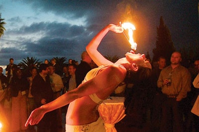 Entertainment company Zen Arts offers an array of entertainment options for dramatic outdoor entertaining, including fire dancers, costumed mermaids, and transparent “bubble spheres” that float on water while holding dancers. Most recently, six female Olympians joined the company’s synchronized swimming troupe. Based in Los Angeles, Zen Arts performers can travel worldwide; performances cost between $10,000 and $100,000.