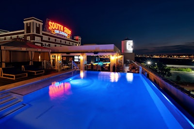 Open since August, the 76-room Nylo Dallas South Side has a dramatic, 4,500-square-foot rooftop terrace. The loft-style lobby has exposed concrete floors, street art-covered ceiling lamps, and artsy, jewel-toned accents throughout. The adjacent Library lounge holds 75 for a reception; there’s also a 10-seat boardroom.