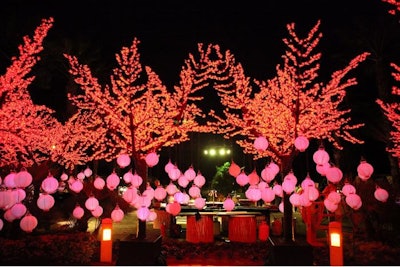 Lighted RGB cherry trees with hanging lanterns