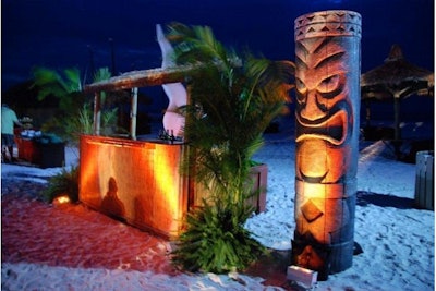 Tiki bar surrounds and accents; foliage and lighting