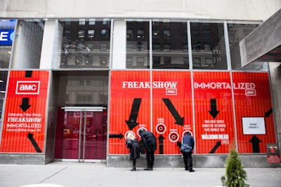 Part of the goal of AMC's Immortal Love pop-up was to build buzz leading up to the February 14 premiere of new shows Immortalized and Freakshow. To drive traffic into the experiential space in New York, the organizers covered the façade with bright colors and signage.