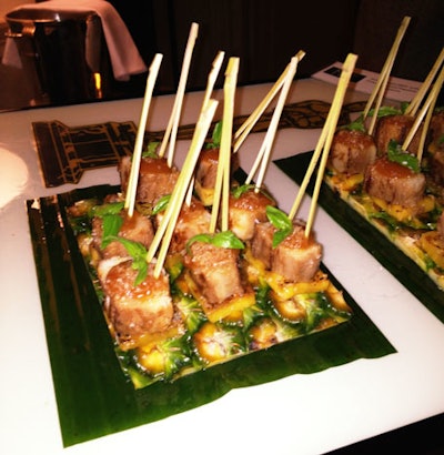 To represent Kon-Tiki, a Norwegian movie about Polynesia, Boulud created skewers of grilled mahimahi with pineapple and papeete barbecue sauce, which will be served on trays lined with pineapple skins and banana leaves.