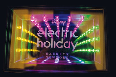 To celebrate its festive “Electric Holiday” windows and Disney partnership, Barneys fashioned a weighty invite with LED lights in four different colors that illuminated the double-mirrored glass to create an infinity effect.