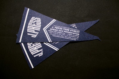Playing up a preppy, collegiate vibe, the invitation to the J. Press York Street collection’s spring presentation, fittingly held at the Yale Club, came in the form of a scaled-down wool felt pennant flag.