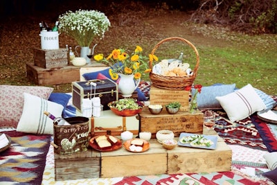 Chopped salad with salumi, provolone, fresh oregano, and red wine vinaigrette; tarragon egg salad sandwiches with watercress and radishes; and ricotta pound cake with Meyer lemon curd and whipped cream, produced by Dandelion Ranch Events with catering by Cooks County in Los Angeles