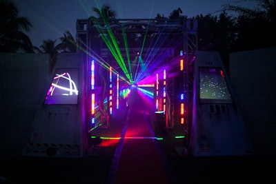 At the entrance, guests walked through a constructed “scanning” passageway filled with laser lights that led to the pool deck and terrace.