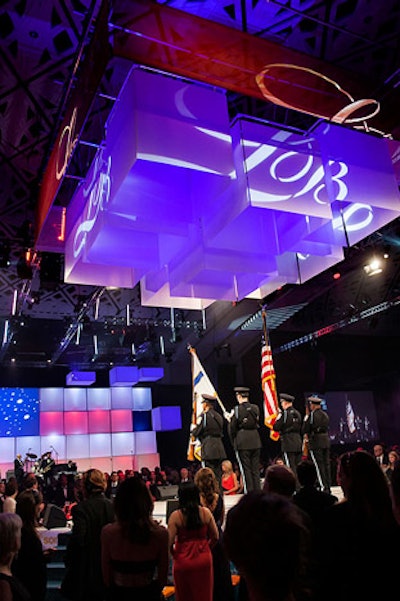 PRG lit the central ceiling treatment in blue and adorned it with gobos of the ball and sponsor logos.