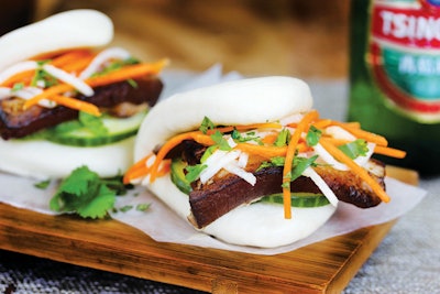 For a new Western take on Asian food—think Korean-style short ribs and hot dogs topped with kimchi—Pao Town in Miami delivers entrées like sashimi poke salad and pork belly buns that range from $7 to $13; sides are $2 to $5.