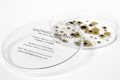 Designer Mathieu Mirano sent out petri dish invitations to his Fashion Week show.