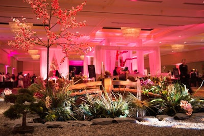 Chicka Chicka Boom Boom and Amaryllis created a mini Japanese garden inside the ballroom complete with a pond, wooden bridge, live plants, and a cherry-blossom tree.