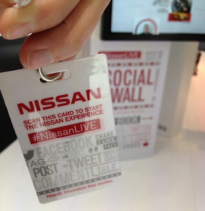 Each visitor to Nissan’s exhibit at the Geneva Auto Show received a badge embedded with an R.F.I.D. tag. Nissan provided iPads where guests could register the cards and link their Twitter and Facebook accounts. Then, each time the guest swiped the card at one of the 14 activation points, information would instantly post to those social networks.