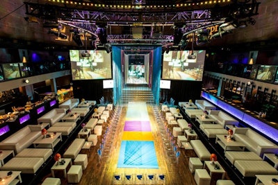 Schwarzkopf Professional chose a different route for a January event in Los Angeles, bringing bright hues to Exchange LA with a color-blocked runway and fringe chandelier. To add branding into the decor, organizers surrounded the catwalk with Ghost chairs marked with the signature silhouette logo.