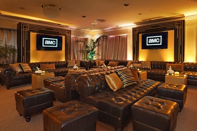 A masculine, residential-style look was among the reoccurring design styles seen at award show after-parties in Los Angeles this season. Spotted were details like deep-buttoned leather sofas, potted palms, and muted color tones of chocolate, copper, and gold. AMC’s Golden Globes party (pictured), held in the Stardust Room at the Beverly Hilton, included a sleek, upscale environment meant to feel like a retro-style club. Benarroch Productions created the look.