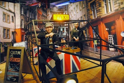 To become a cab driver in Britain, you must first pass an exam about the history and geography of the area. Guests were invited into the taxi frame by an actor playing one of the notoriously outspoken black cabbies to play the Black Cab Challenge, a series of trivia questions about British culture. Players were entered in a raffle to win two round-trip British Airways tickets and a three-night stay at the Sanderson Hotel.