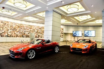 Display vehicles from Jaguar filled the hotel's portico.