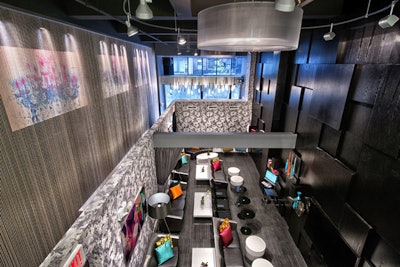The Main Floor, overhead view. Standard meeting setup for 35 guests.