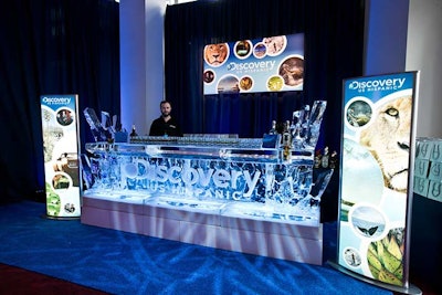A tequila bar made of ice chilled shots at the Discovery U.S. Hispanic station.