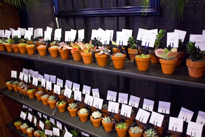 In October, the BizBash IdeaFest New York took to the Jacob K. Javits Convention Center, where a wall of potted succulents at the Zak Events booth offered a clever way to display escort cards at events. Plus, they served as takeaway gifts. Succulents create a more masculine—call it unisex—look than flowers.