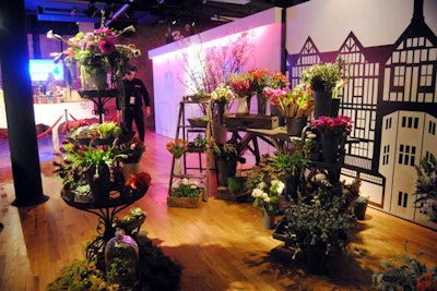 Floral and event design company Hatch Creative arranged the flowers in the Liberty of London room. The floral display, paired with the black and white backdrop, was designed to look like the entrance to the famous Liberty Store in the English capital.