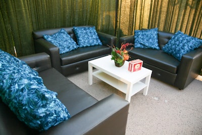 Sofa grouping with coffee table and rosette pillows