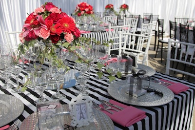 Brenton-striped bridal shower with silver-weave chargers