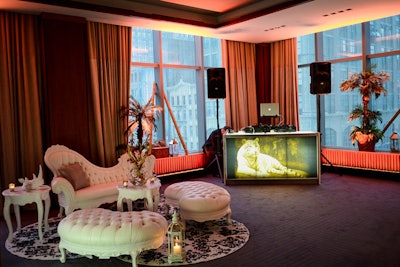 CORT's new Napoleon collection 'proved to be most versatile.' Used with Lounge22's Lucky3 Bar (pictured), a lion-patterned vinyl image dressed up the DJ station as tribal beats helped set the mood.