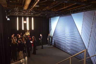 As a nod to the event's urban focus, Imagination erected a massive LED screen at the main entrance to the Skylight at Moynihan Station venue. The screen played a continuous loop of prerecorded video imagery of the Manhattan skyscape and various iconic landmarks. The event's location took five days to build out and two days to break down.