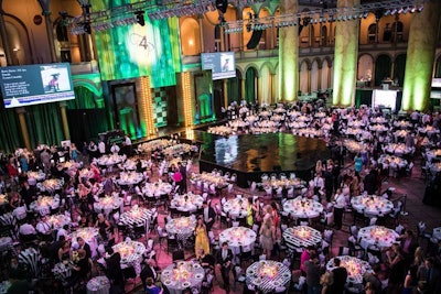 Syzygy worked with Atmosphere Lighting to bring a pop of emerald green to the black and white staging with green uplights along the museum's signature columns as well as additional gobos on the green draping above the main stage with the event's signature 'F4P' logo.