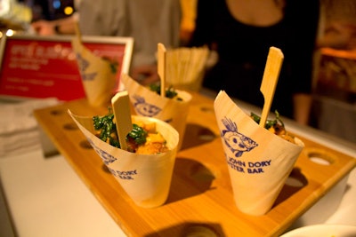 Chef April Bloomfield served up haddock fritters with curry mayo inside bamboo cones printed with the logo of one of her restaurants, the John Dory Oyster Bar.