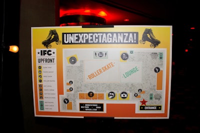 The entrance of the venue offered a map of the event using large icons and a key. With a mix of themes in mind, the diagram presented unrelated, interactive entertainment designed to keep guests on their toes.