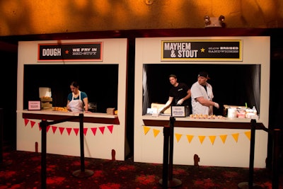 Instead of a formal dinner, IFC opted for food booths. Local vendors included People's Pops' shaved-ice cocktails, Mayhem & Stout's braised sandwiches, Dough's fried doughnuts, and mini grilled cheese sandwiches from Milk Truck.