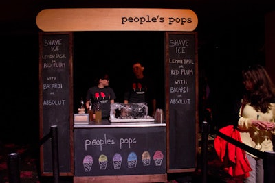 New York City-based People's Pops, a specialty dessert shop that makes gourmet ice pops and shaved ice from local fruit, served spiked ice treats in flavors lemon basil or red plum.