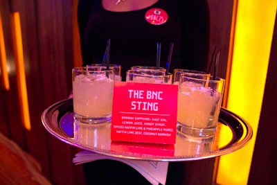 There were three signature cocktails served throughout the night, including the BNC Sting, a mix of Bombay Sapphire gin, lemon juice, honey, spiced Kaffir lime, pineapple puree, and coconut.