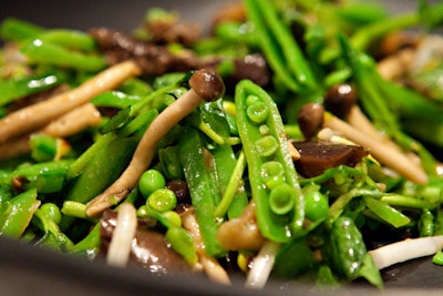 The first flight, Crunch, was designed to naturally open guests' ears—a reaction when crunching on a food—to the music and set the tone for the evening. Buffet items included a sugar snap pea salad made with watercress, mung sprouts, hon shimeji mushrooms, grilled eggplant, and a ginger lime chili sauce. Waiters also passed crab salad in crunchy cucumber cups and mashed lava beans and English peas served on a crostini.