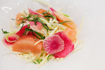 Another salad option during the Crunch flight mixed pomelo, green papaya, watermelon, and radish. The citrus flavors tied in with a jasmine tea margarita passed as guests arrived.