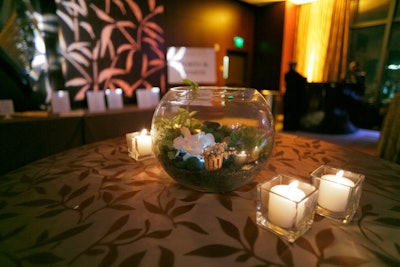 For the Sylvester Comprehensive Cancer Center’s gala, held in Miami in December, Shiraz Events designed miniature terrariums in fishbowls, that were placed on highboy tables during cocktail hour.