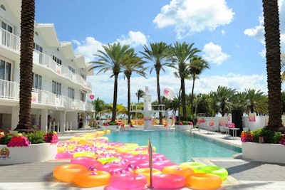 One of the biggest annual events on the South Beach spring-break circuit, the Victoria’s Secret Pink pool party took place at the Shelborne Beach Resort in Miami in March 2012. The upscale poolside lounge was turned into a Victoria's Secret Pink haven, decked out in branded furniture, pool toys, balloons, and beach gear.