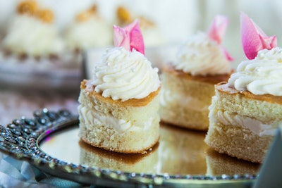 Lillycakes treats included heart-shaped cakes infused with vanilla and bourbon and topped with pink rose petals.