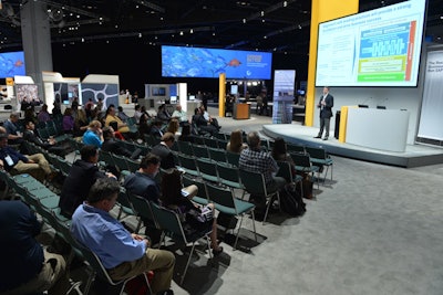 The six campuses and four forums on the show floor each have open presentation theaters. After sessions, presenters move to an enclosed room nearby to continue the discussion with audience members.